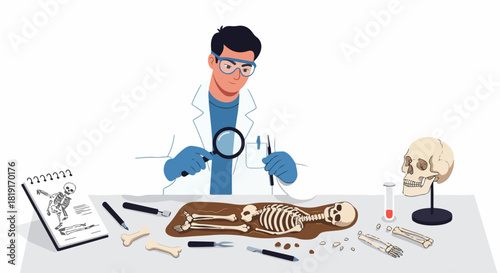 Scientist or archaeologist meticulously examining human skeleton remains with magnifying glass and tools during an excavation or forensic investigation.