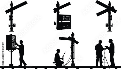 Railway signal engineers working on train control system, rail track maintenance and safety inspection, transportation technology, communication engineering, railway infrastructure illustration