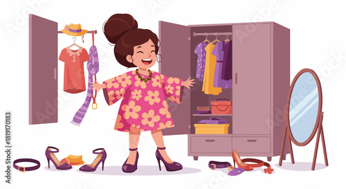 Joyful woman trying on different clothes and accessories from her overflowing wardrobe, surrounded by fashion choices, preparing for an event.