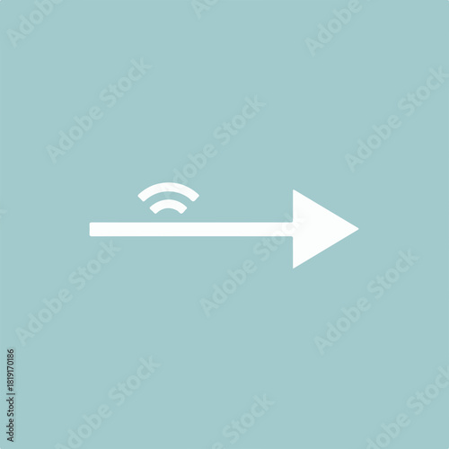 Simple wifi signal with direction arrow on blue background. Wifi signal indicates connection, route and data transfer.