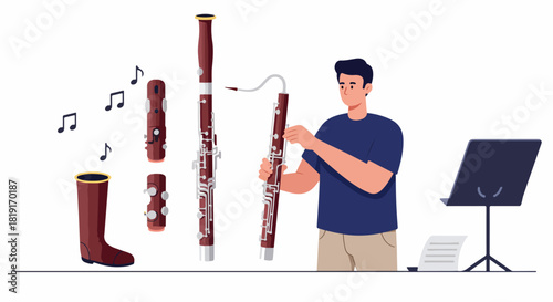 Musician assembling a bassoon with musical notes and a stand with sheet music. A flat illustration showcasing instrument preparation for practice or performance.