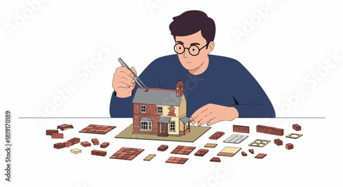 Man meticulously assembling a miniature brick house model using tweezers, surrounded by construction components, showcasing hobby, craftsmanship, and attention to detail.