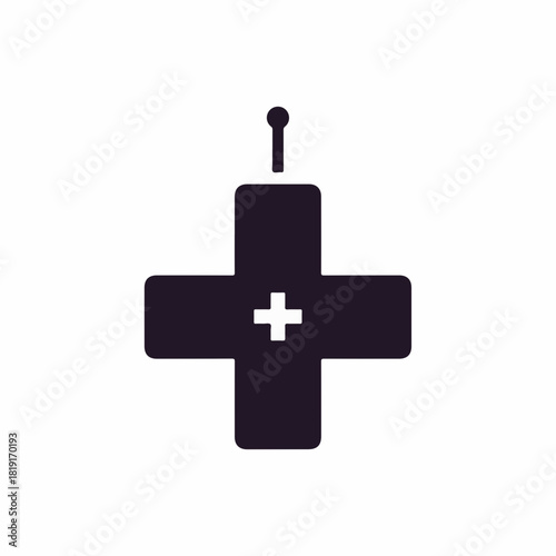 Black medical cross with antenna symbolizes wireless networks and radio communication technologies. Medical cross features an antenna on top,