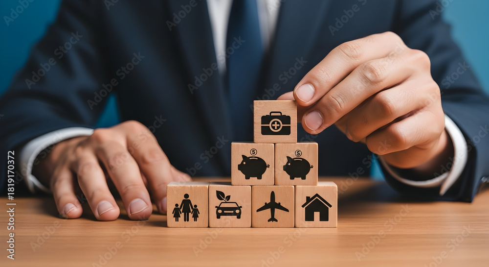 Obraz premium Man in suit stacks wooden blocks with icons representing insurance savings and family protection symbolizing financial planning and risk management for a secure future