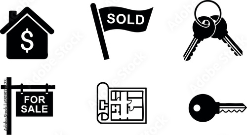 Real estate icons house sale sold keys blueprint plan vector illustration
