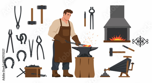 Blacksmith at work in a forge, surrounded by traditional tools like an anvil, furnace, tongs, and hammer, illustrating the ancient craft of metalworking.