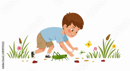 Curious young boy observing diverse insects and bugs in a vibrant grassy field, enjoying nature's wonders. An innocent childhood outdoor exploration.