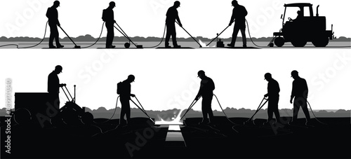 Road construction workers using machinery and equipment, asphalt paving with heat torch, teamwork on highway maintenance project, industrial infrastructure development scene