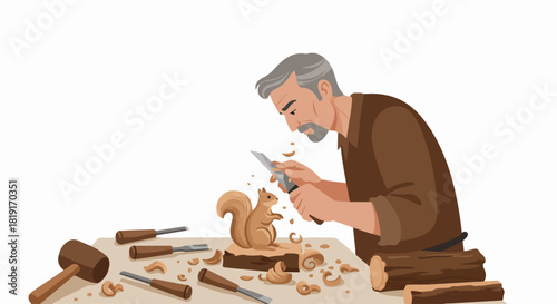 Senior craftsman meticulously carves a wooden squirrel, demonstrating dedication to a timeless hobby, surrounded by traditional woodworking tools.