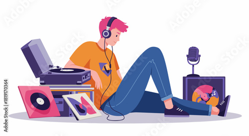 Young Person with Pink Hair and Headphones Enjoying Music on a Turntable, Surrounded by Retro Vinyl Records and Audio Gear