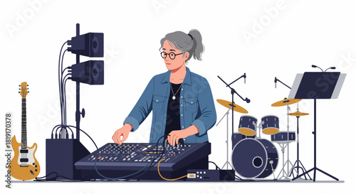 Grey-haired woman operating a sound mixing console surrounded by musical instruments like guitar and drums, with speakers and music gear.