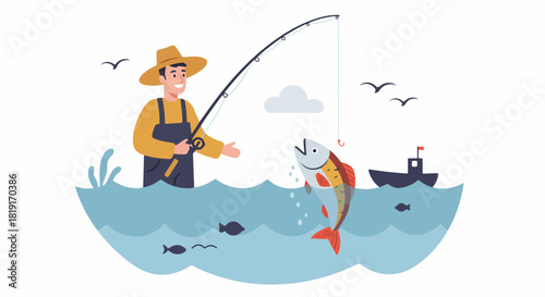 Happy fisherman successfully catches a big fish on his rod, depicting a joyful outdoor hobby scene with a boat and birds in a modern flat design illustration.