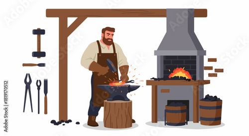 Bearded blacksmith working hot metal on an anvil with hammer and tongs in a traditional forge, sparks flying, showcasing craftsmanship and ancient trade.