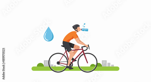Cyclist Hydrating While Riding Through Cityscape: An Illustration of Staying Refreshed During Urban Cycling Activities and Sports and Health.