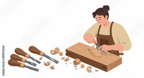 Artisan skillfully carves wood, creating intricate designs with hand tools and chisels, surrounded by wood shavings, showcasing craftsmanship and traditional woodworking.