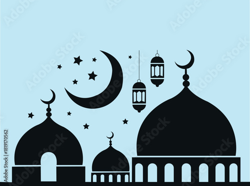 Black mosque domes crescent moon and lanterns on blue