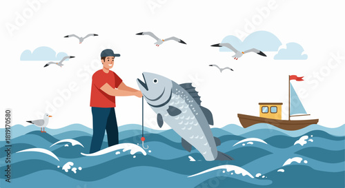 Happy fisherman proudly holds his large catch from the ocean waves, with a sailboat and seagulls under a cloudy sky, illustrating a successful marine adventure.