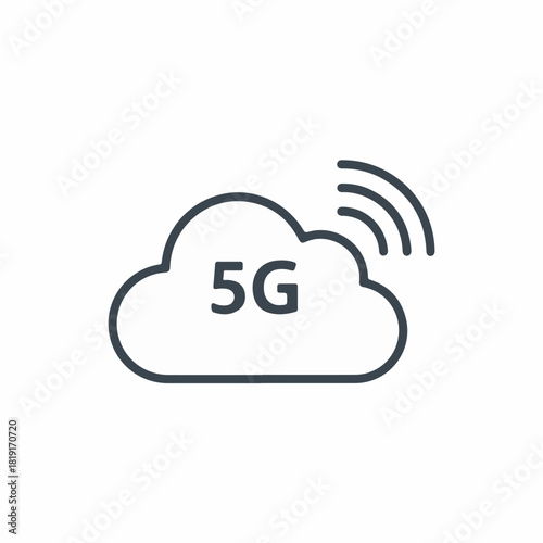 Depiction of 5G connection with cloud icon and wave symbols, simple design. 5G wireless signal is illustrated by thin line drawing, creating clear network symbol.
