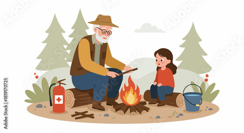 Grandfather and granddaughter enjoy a safe campfire in the forest, fostering intergenerational bonding and outdoor adventure.