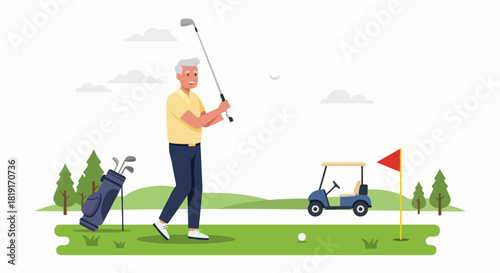 Happy senior man golfing on a green course, holding a club near a golf ball, bag, cart, and flag. An active retirement outdoor leisure activity.