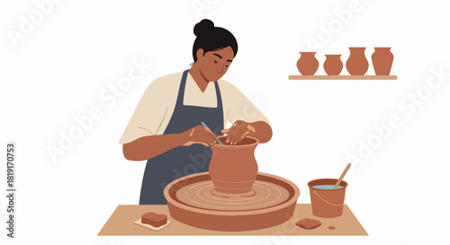Woman crafting a clay pot on a potter's wheel, demonstrating traditional ceramic artistry and creative craftsmanship in a studio setting.