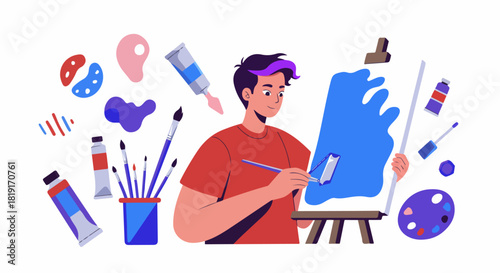 Young artist painting on canvas, surrounded by various art supplies. Creative man engaging in his artistic hobby, illustrating a vibrant abstract artwork.