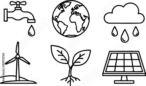 Water tap earth cloud rain wind turbine plant solar panel renewable energy environment icons set vector illustration