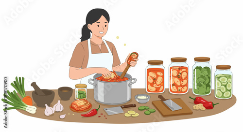 Woman preparing homemade kimchi and other fermented vegetables, showcasing traditional Korean food preservation methods with fresh ingredients and various jars of delicious, healthy ferments.