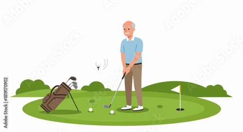 Elderly man enjoying a round of golf, practicing his swing on a green course, embodying an active and healthy retirement lifestyle.