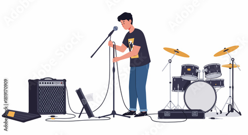 Young Musician Preparing for Performance: A Male Artist Adjusts Microphone Stand Amidst Drum Kit, Amplifier, and Other Stage Equipment.