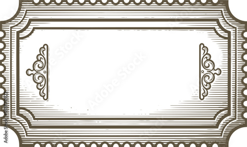 Engraving art vintage blank ticket or label frame with ornate scrollwork decoration, engraved style border