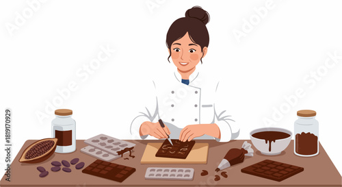 Joyful female chocolatier crafting artisanal chocolate bars and confections, surrounded by cocoa beans and melted chocolate ingredients in a sweet workshop.