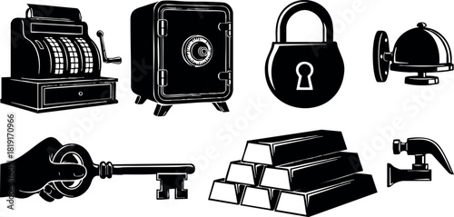 Vintage cash register safe lock key gold bars hammer service bell vector illustration