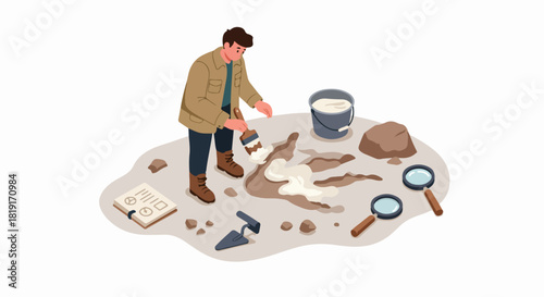 Paleontologist carefully unearthing a dinosaur footprint or fossil at an archaeological excavation site, symbolizing scientific discovery, ancient history, and research.