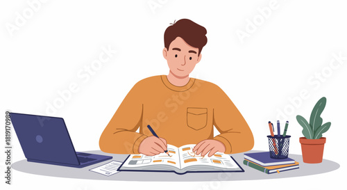 Young man studying or planning at his desk with a laptop and notebook, representing learning, remote work, or productivity.