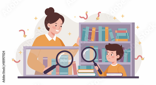 Teacher and young student using magnifying glasses to explore books on a bookshelf, fostering curiosity and discovery in a whimsical learning environment.