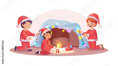 Cartoon kids wearing Santa pajamas building a magical Christmas pillow fort glowing with fairy lights