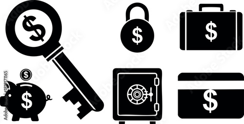 Financial security icons key piggy bank safe lock briefcase credit card vector illustration