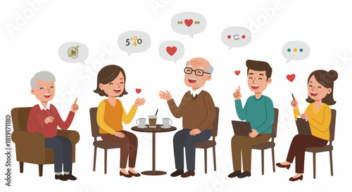 Diverse group of happy people, spanning generations, engaged in lively conversation with speech bubbles showing ideas, hearts, and data, symbolizing communication and connection.