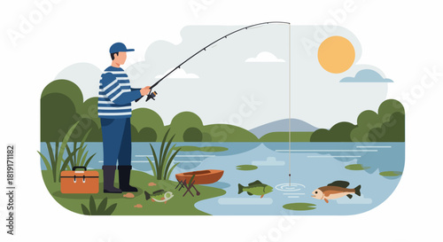 Fisherman enjoys a peaceful day fishing by the lake, surrounded by nature, catching fish with a rod and reel in this serene outdoor illustration.