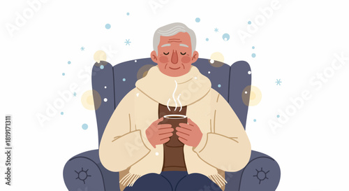 Cozy Senior Man in Armchair with Hot Drink, Winter Comfort Illustration