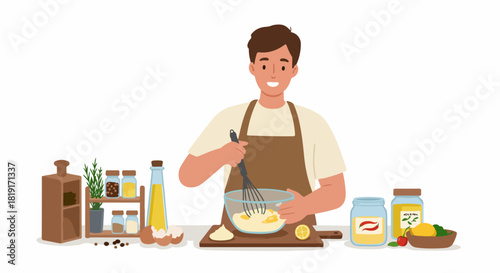 Happy man in apron whisking ingredients in a kitchen, preparing a meal with fresh produce and spices. Flat vector illustration of home cooking and culinary enjoyment.