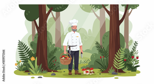 A professional chef forages for fresh wild mushrooms and natural ingredients in a serene, sunlit forest, embracing sustainable culinary practices outdoors.