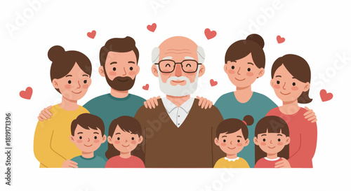 Happy multi-generational family portrait showing love and connection. Grandfather surrounded by his children and grandchildren, illustrating strong family bonds and cheerful togetherness.
