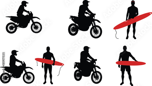 Set of motorcycle rider and surfer silhouette illustrations showing extreme sport activities with dirt bikes and surfboards, isolated black and red vector graphics