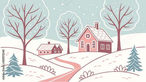 Illustration of winter landscape with houses trees and snow covered hills in a soft color palette