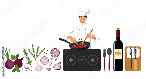 Male chef stirring a pan on a stovetop, surrounded by fresh herbs, onions, garlic, red wine, and kitchen cutlery, preparing a delicious meal.