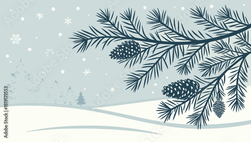 Winter scene featuring pine branch with cones and snow falling in a serene landscape setting