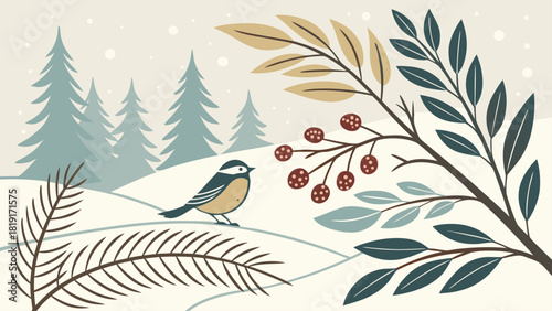 Illustration of a bird in a winter scene with trees branches and berries in a snowy landscape
