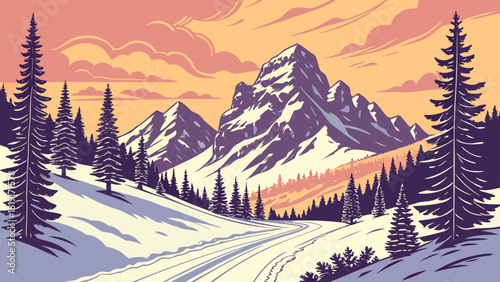 Illustration of snow covered mountains with pine trees under a pastel colored sky in winter time